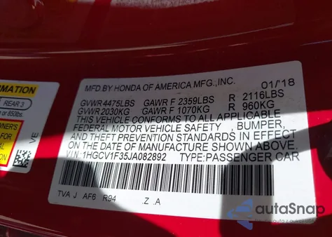 2018 Honda Accord Sport из США, поврежденный, VIN 1HGCV1F35JA082892